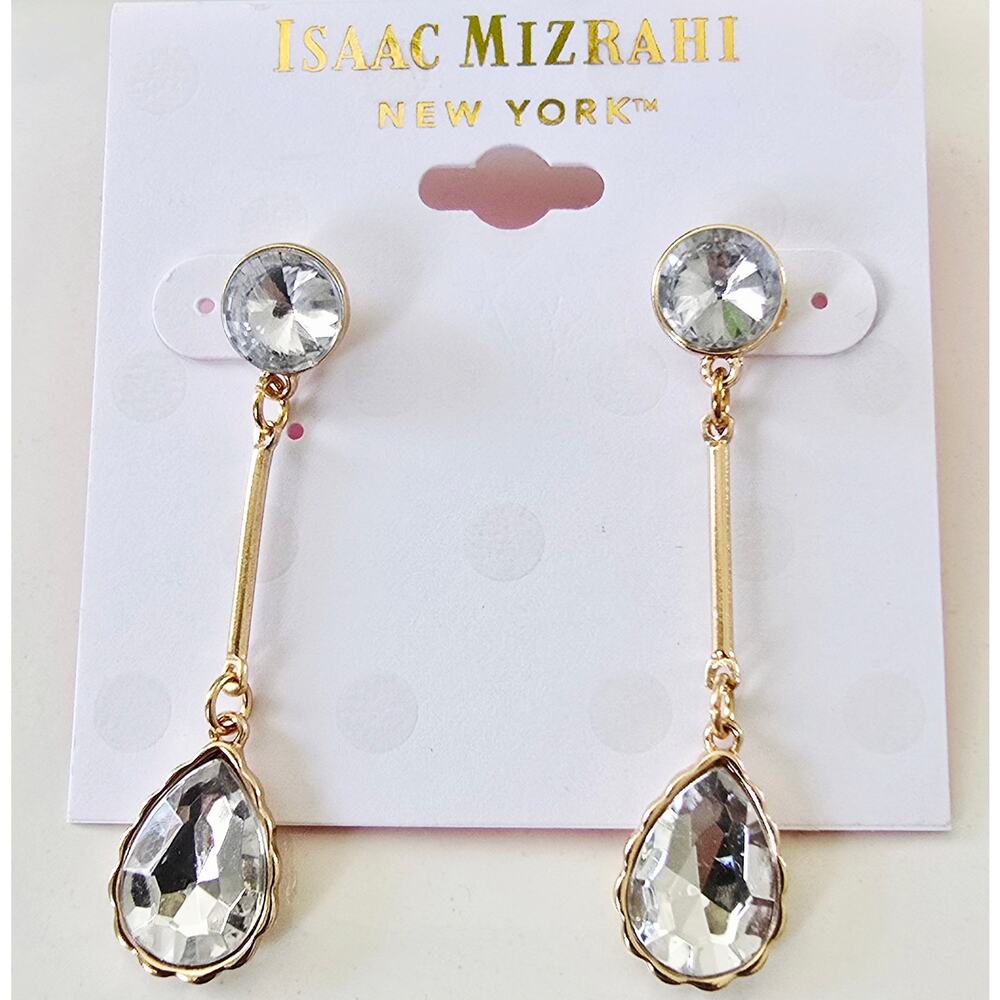 Isaac Mizrahi Gold  Rhinestone Earrings New - Picture 2 of 2